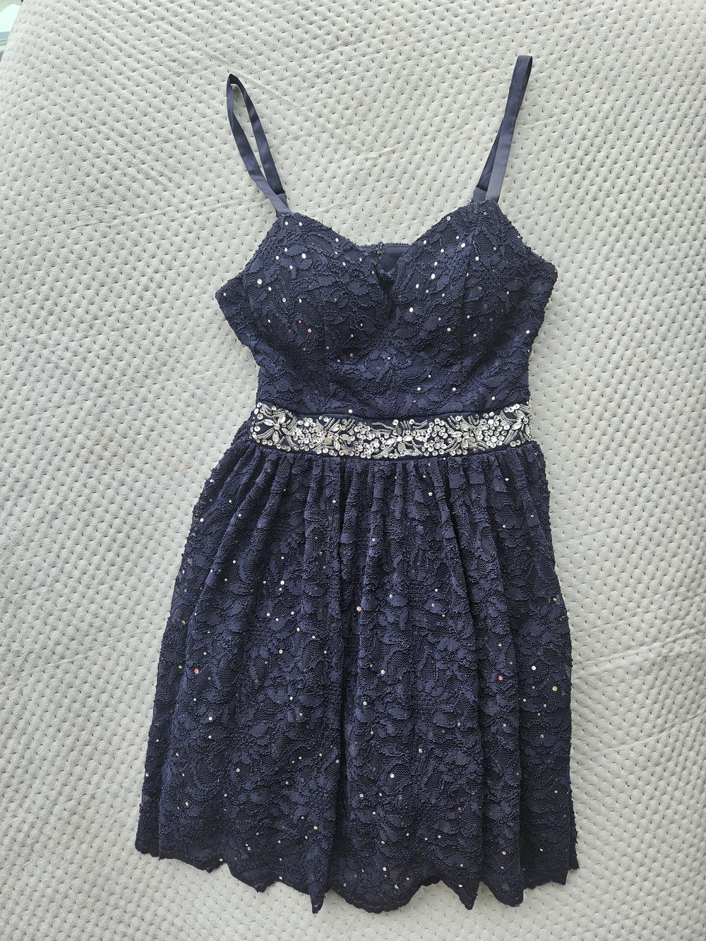 B. Smart Navy Lace Spaghetti-Strap Mini Dress with Beaded Waist